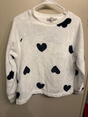 LOFT White Plush Crewneck Sweater with Black Heart Appliqués